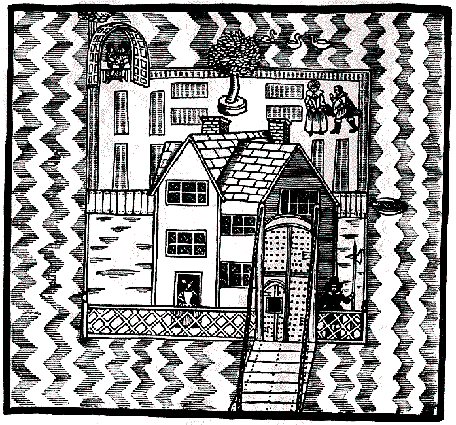 A drawing of a building that served as a 17th century brothel.
