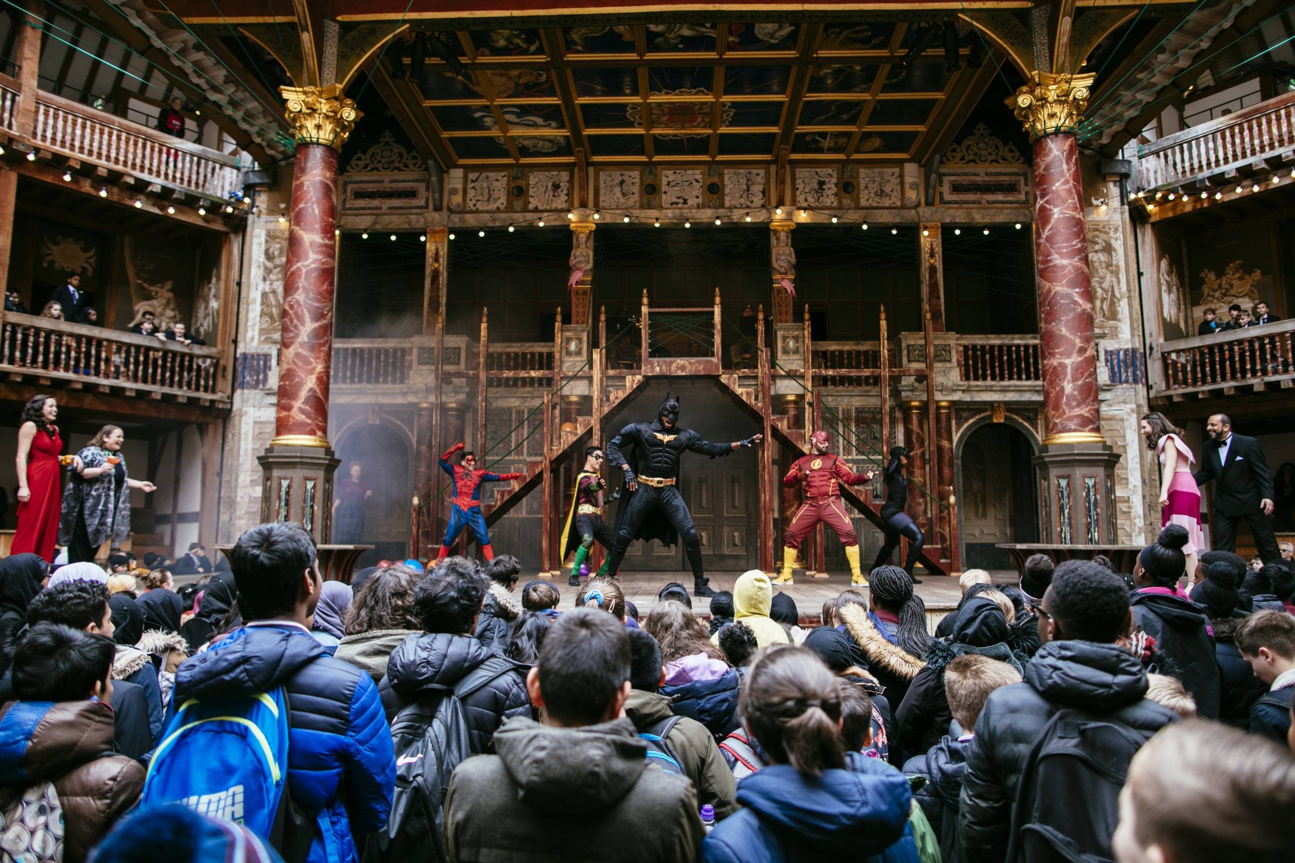 Actors on stage at the Globe Theatre for a performance of Playing Shakespeare with Deutsche Bank: Much Ado About Nothing in 2018.