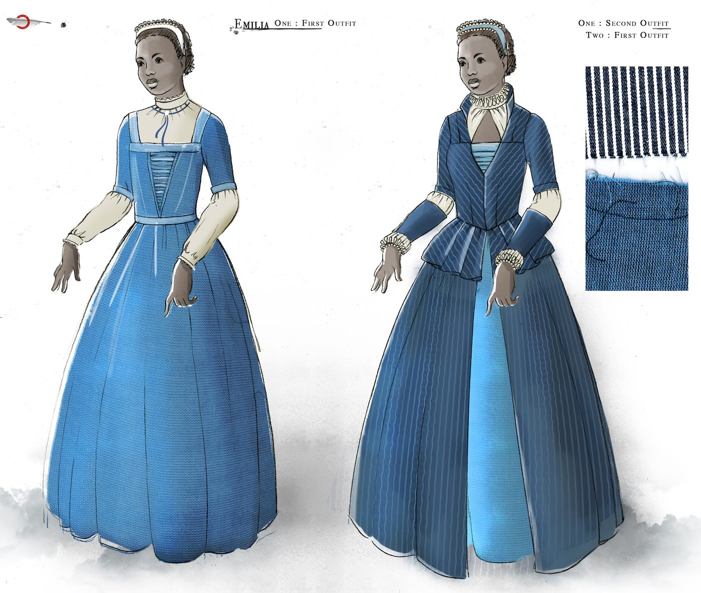 A costume sketch of two blue Elizabethan dresses