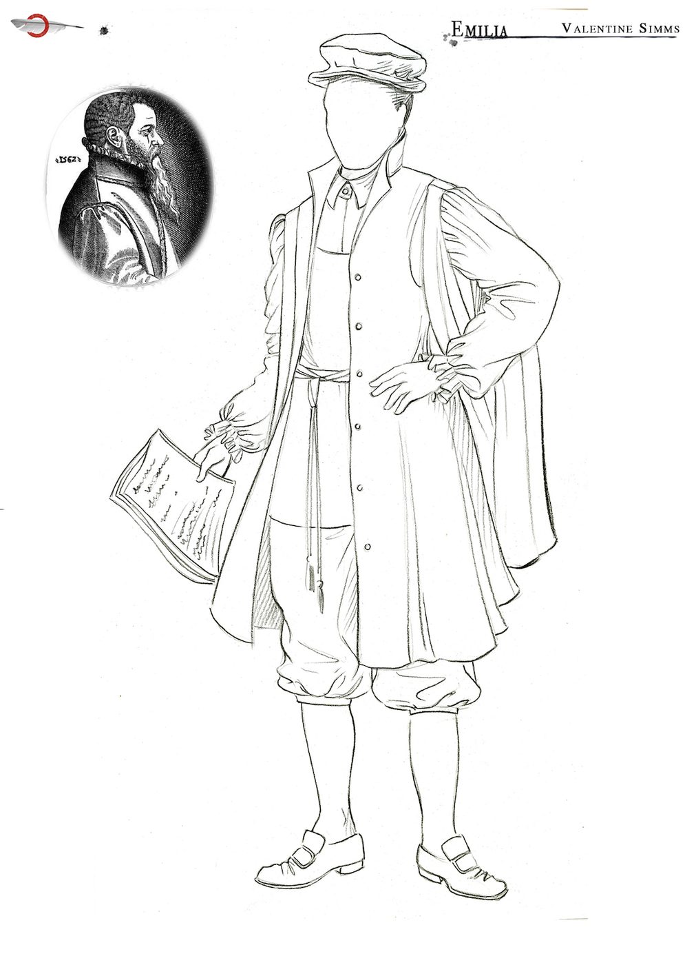 A costume sketch of a male outfit with short breeches, shoes, hat and a coat