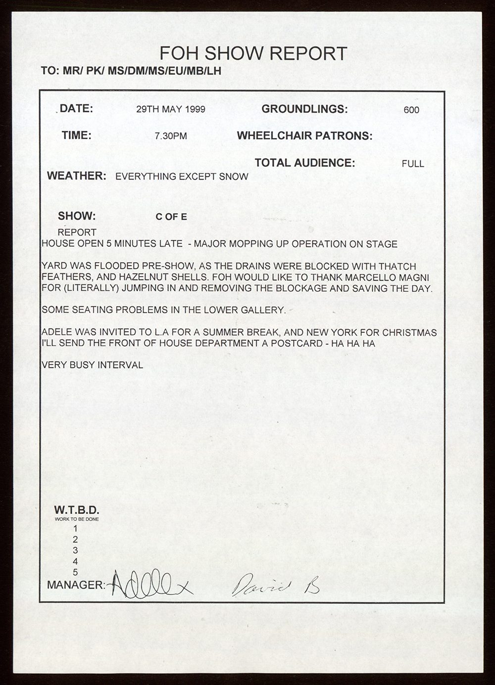 A document detailing a show report