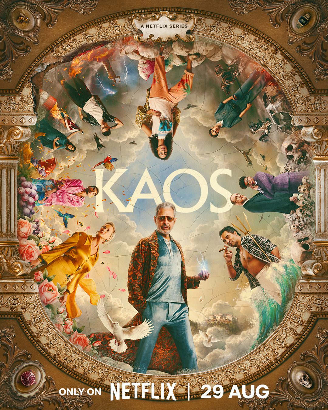 Promotional poster of the Netflix show Kaos featuring a cast of characters placed around a circular frame decorated in Grecian filligree with Jeff Goldblum in the centre