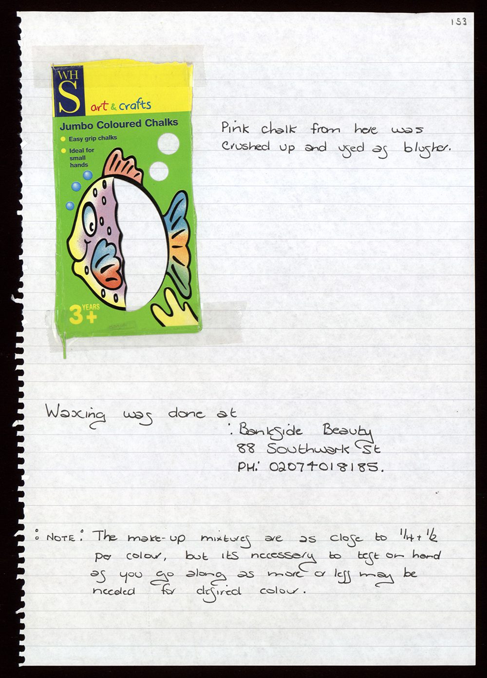 A document detailing how chalk was used in the make up process.