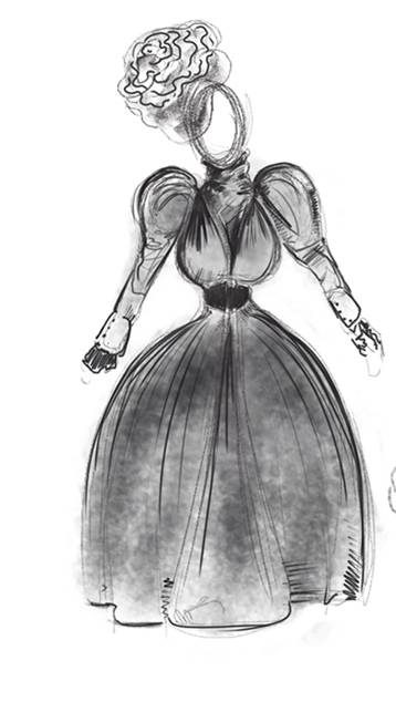 Costume sketch by Oli Townsend. It appears to be a charcoal sketch, all in black and white. It shows a woman in a large frilly hat, with voluminous sleeves and an even more voluminous skirt. She holds her arms stiffly out to the sides.