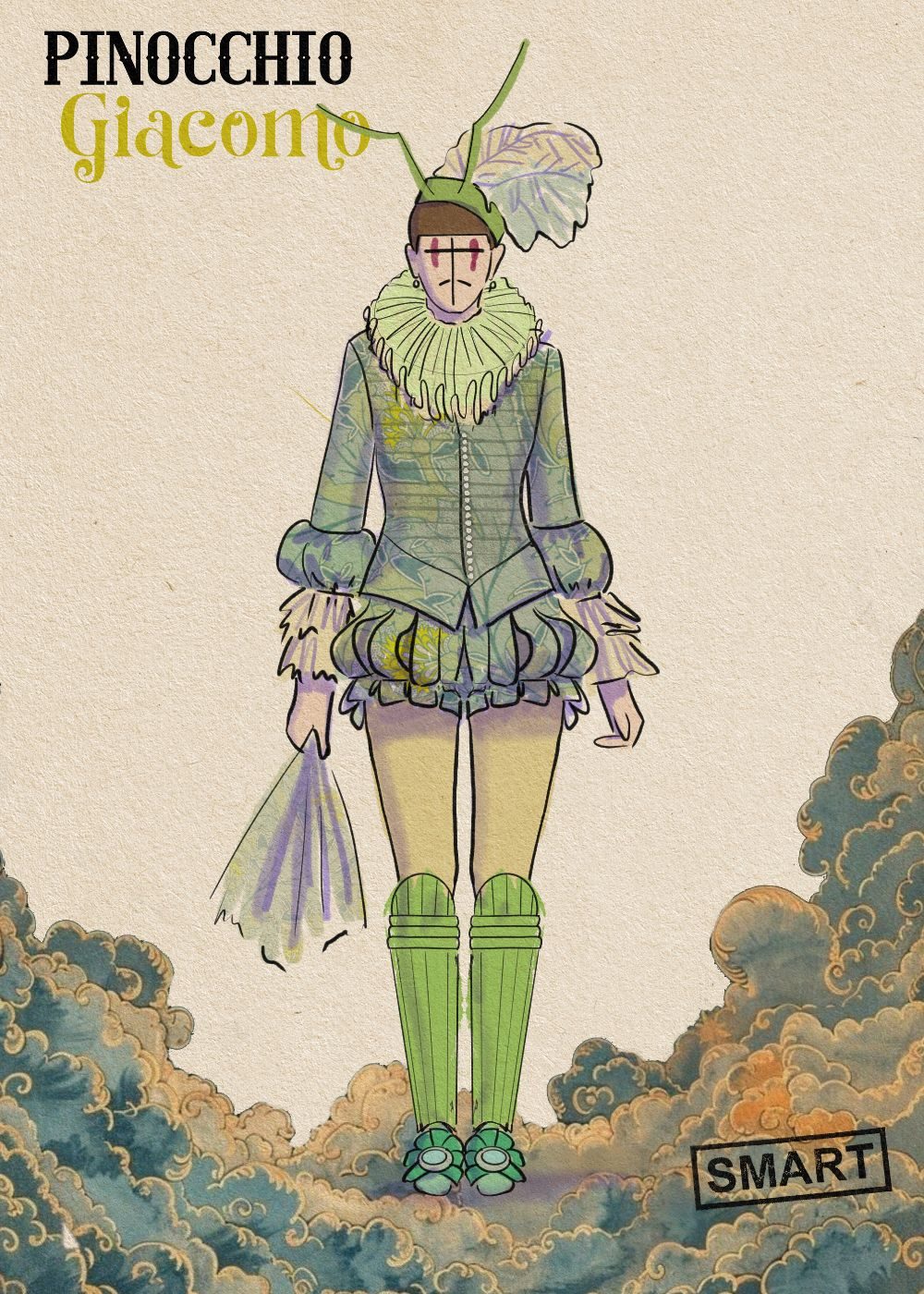 A sketch of a costume for Giacomo Cricket from Pinocchio. The figure is wearing a green Elizabethan doublet and hose and a green ruff. They have a hat with a feather and two green antennae, green cricket pads on their shins, and green buckled shoes.
