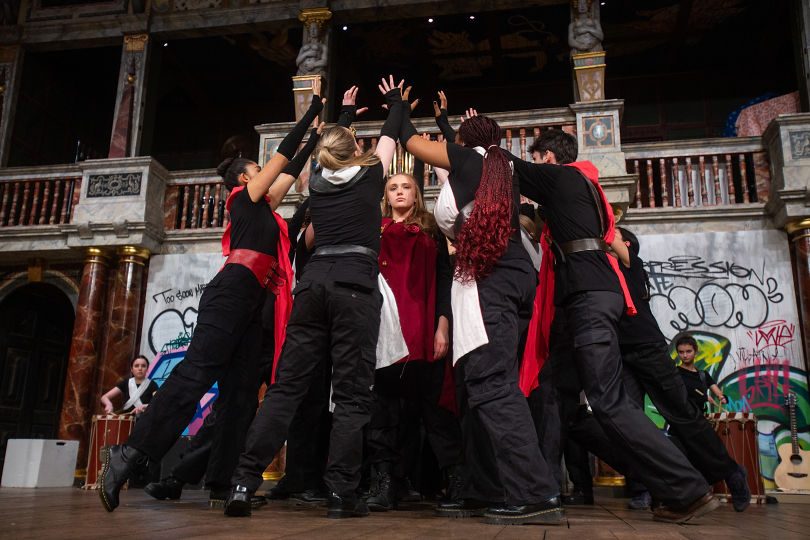 Young Actors performing in a Globe Young Company production of the Wars of the Roses at the Globe Theatre in 2024.