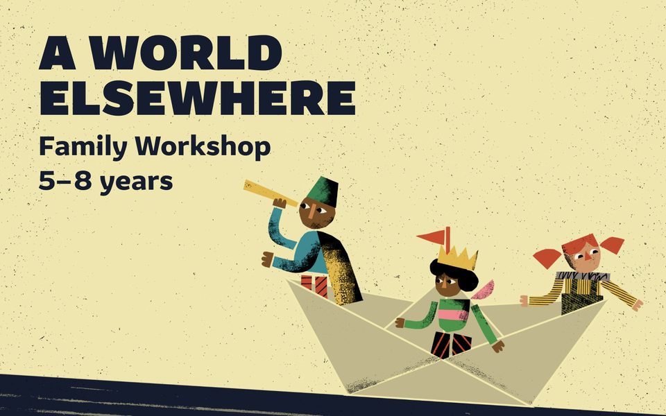 A World Elsewhere Family Workshop 5-8 years. Cartoon-style image showing children sailing in a paper boat