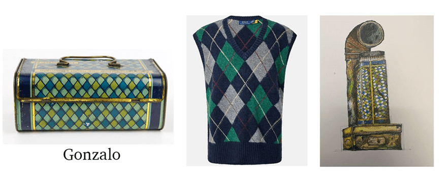 An image of a patterned briefcase, vest and a sketch of a prop with the name Gonzalo.